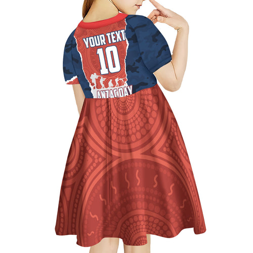 Personalized Sydney Roosters ANZAC Tribute Kid Short Sleeve Dress Poppy Field Soldier Silhouette Aboriginal Rugby Mascot