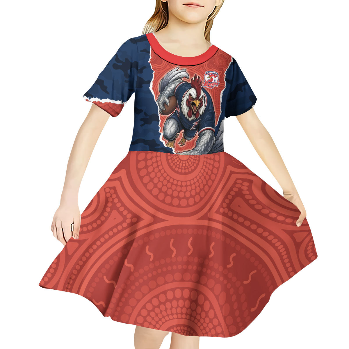 Personalized Sydney Roosters ANZAC Tribute Kid Short Sleeve Dress Poppy Field Soldier Silhouette Aboriginal Rugby Mascot