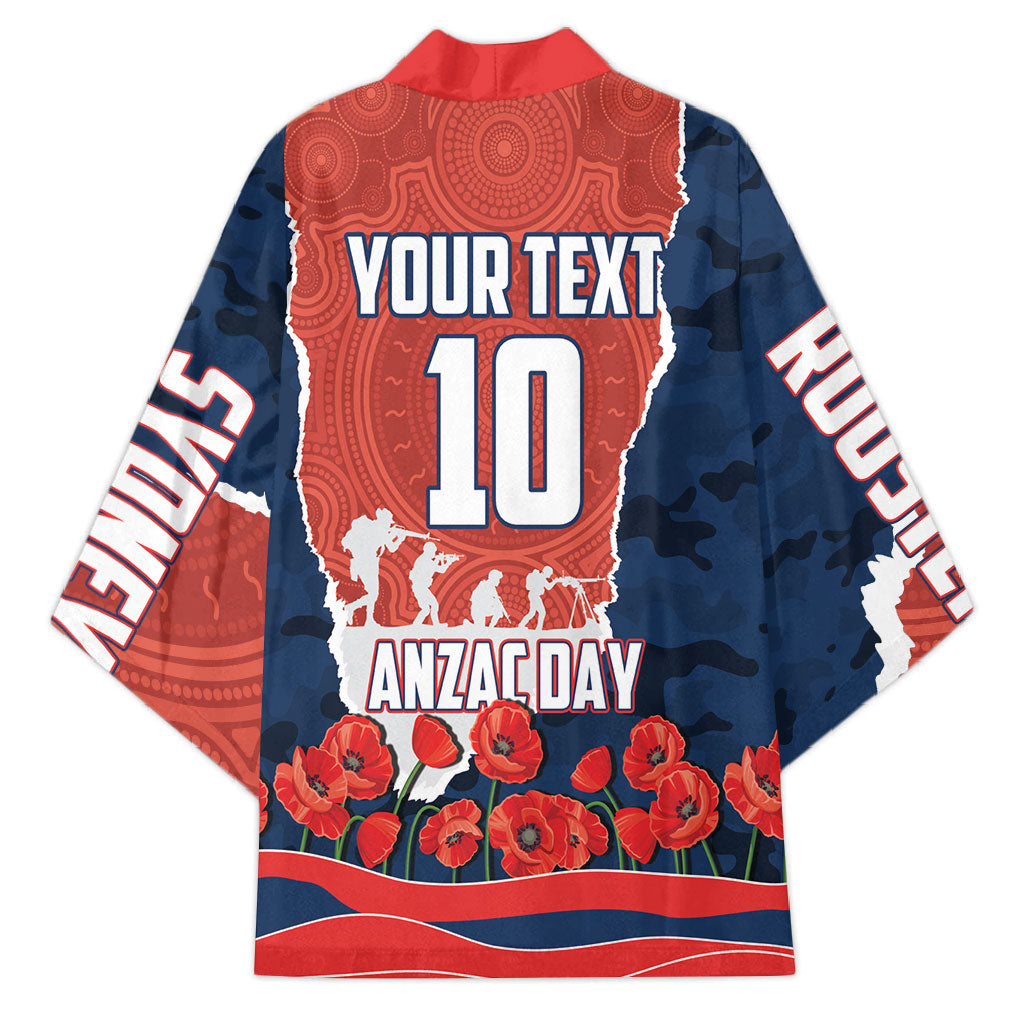 Personalized Sydney Roosters ANZAC Tribute Kimono Poppy Field Soldier Silhouette Aboriginal Rugby Mascot