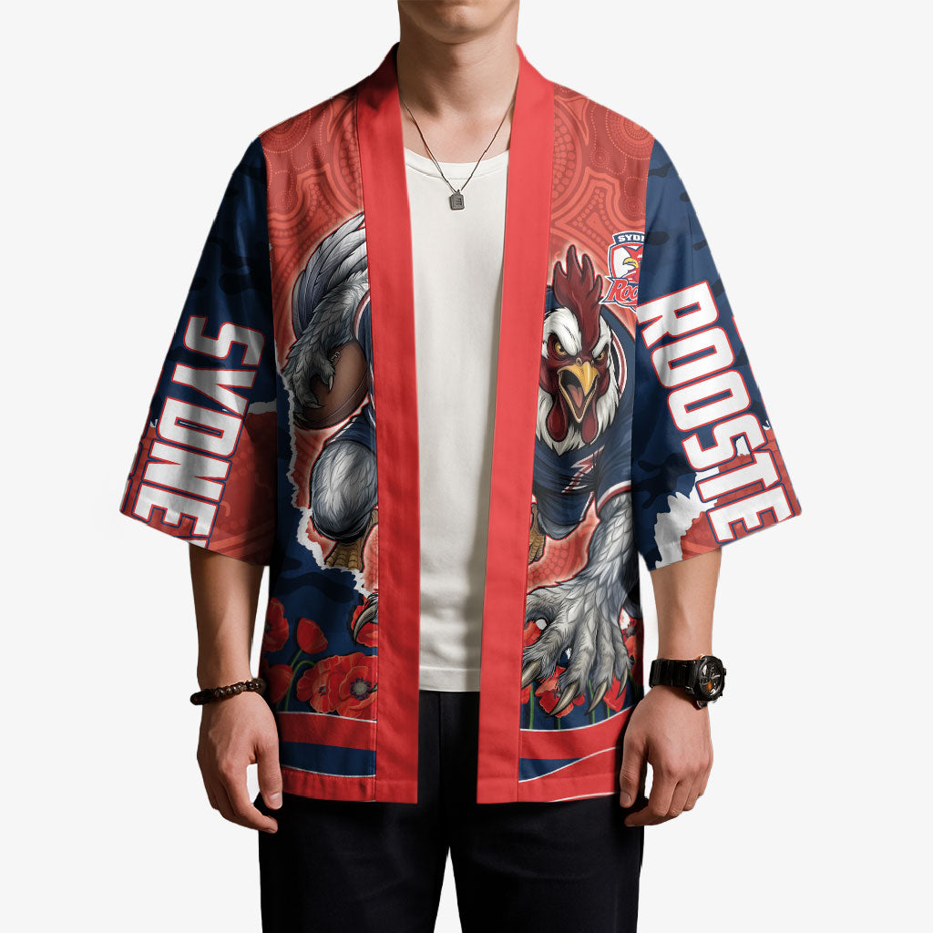 Personalized Sydney Roosters ANZAC Tribute Kimono Poppy Field Soldier Silhouette Aboriginal Rugby Mascot