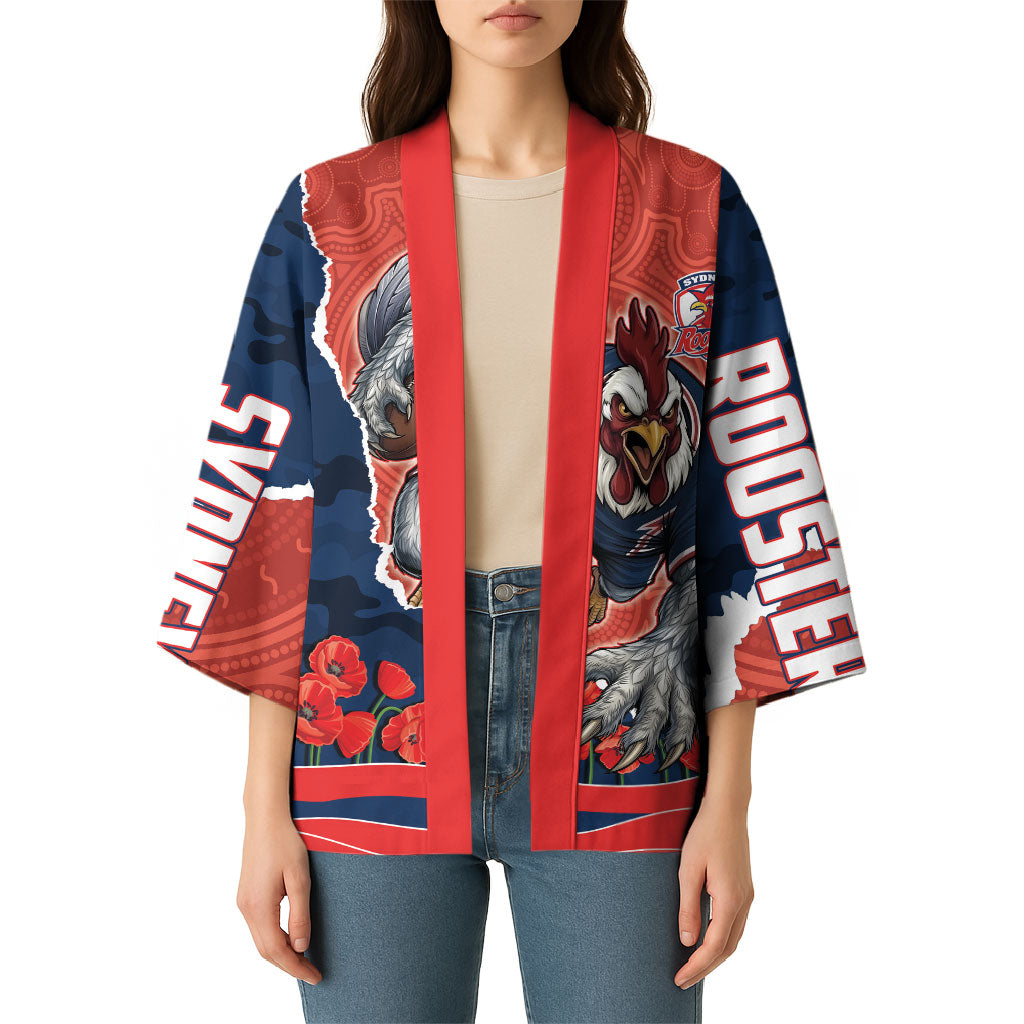Personalized Sydney Roosters ANZAC Tribute Kimono Poppy Field Soldier Silhouette Aboriginal Rugby Mascot