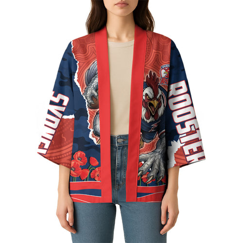 Personalized Sydney Roosters ANZAC Tribute Kimono Poppy Field Soldier Silhouette Aboriginal Rugby Mascot