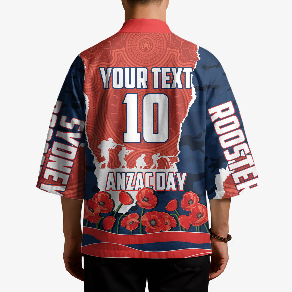 Personalized Sydney Roosters ANZAC Tribute Kimono Poppy Field Soldier Silhouette Aboriginal Rugby Mascot
