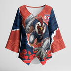 Personalized Sydney Roosters ANZAC Tribute Kimono Sleeve Blouse Poppy Field Soldier Silhouette Aboriginal Rugby Mascot