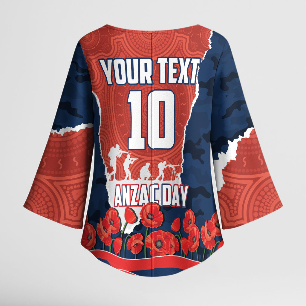 Personalized Sydney Roosters ANZAC Tribute Kimono Sleeve Blouse Poppy Field Soldier Silhouette Aboriginal Rugby Mascot