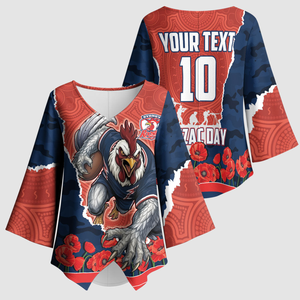 Personalized Sydney Roosters ANZAC Tribute Kimono Sleeve Blouse Poppy Field Soldier Silhouette Aboriginal Rugby Mascot