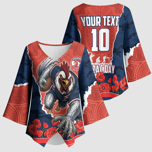 Personalized Sydney Roosters ANZAC Tribute Kimono Sleeve Blouse Poppy Field Soldier Silhouette Aboriginal Rugby Mascot