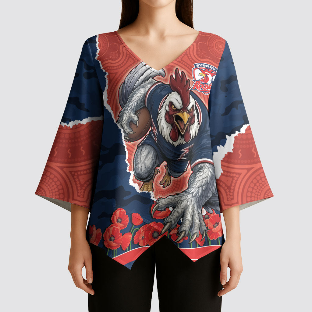 Personalized Sydney Roosters ANZAC Tribute Kimono Sleeve Blouse Poppy Field Soldier Silhouette Aboriginal Rugby Mascot