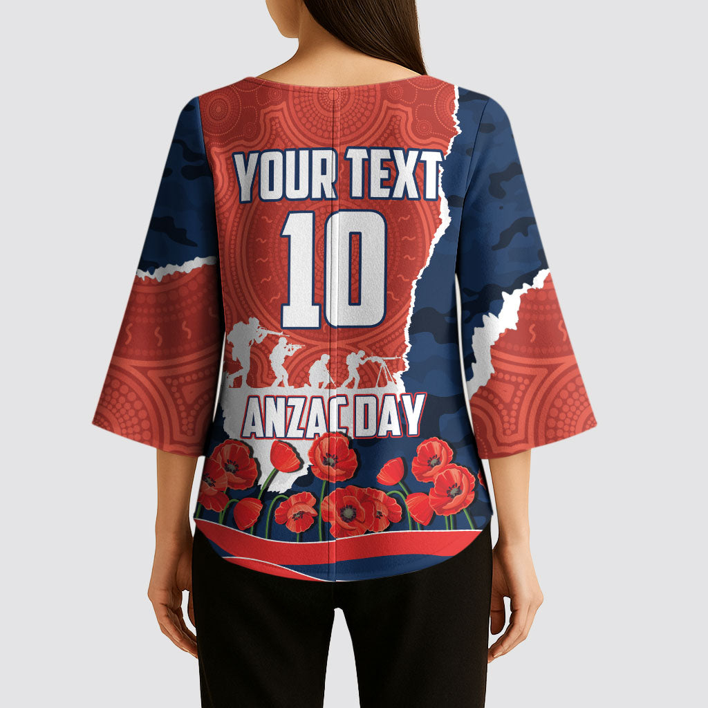 Personalized Sydney Roosters ANZAC Tribute Kimono Sleeve Blouse Poppy Field Soldier Silhouette Aboriginal Rugby Mascot
