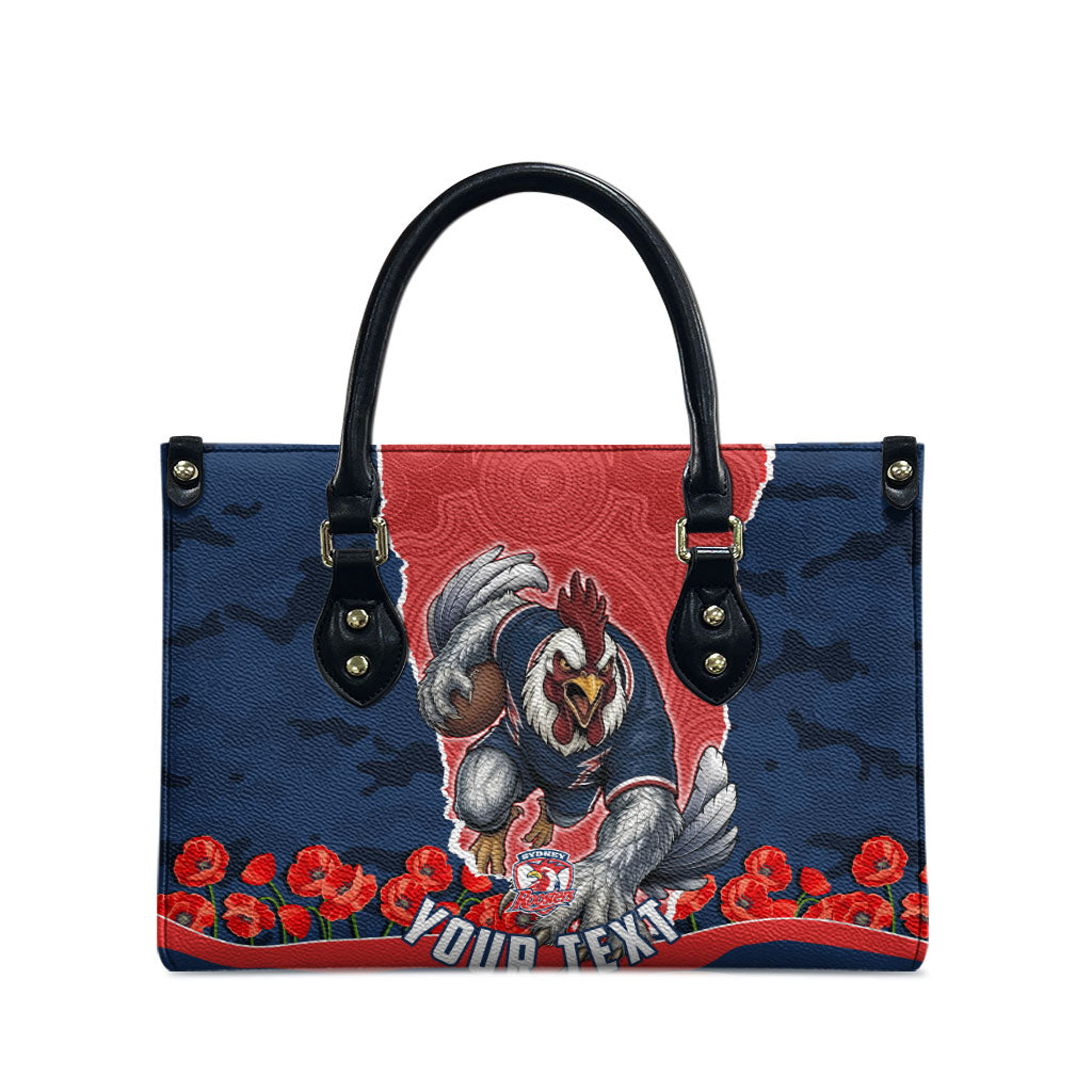 Personalized Sydney Roosters ANZAC Tribute Leather Bag Poppy Field Soldier Silhouette Aboriginal Rugby Mascot