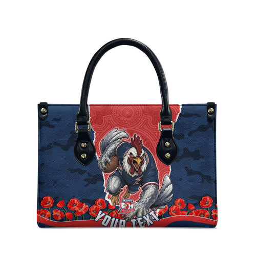 Personalized Sydney Roosters ANZAC Tribute Leather Bag Poppy Field Soldier Silhouette Aboriginal Rugby Mascot