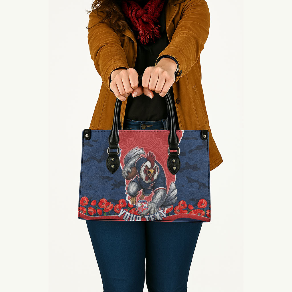 Personalized Sydney Roosters ANZAC Tribute Leather Bag Poppy Field Soldier Silhouette Aboriginal Rugby Mascot