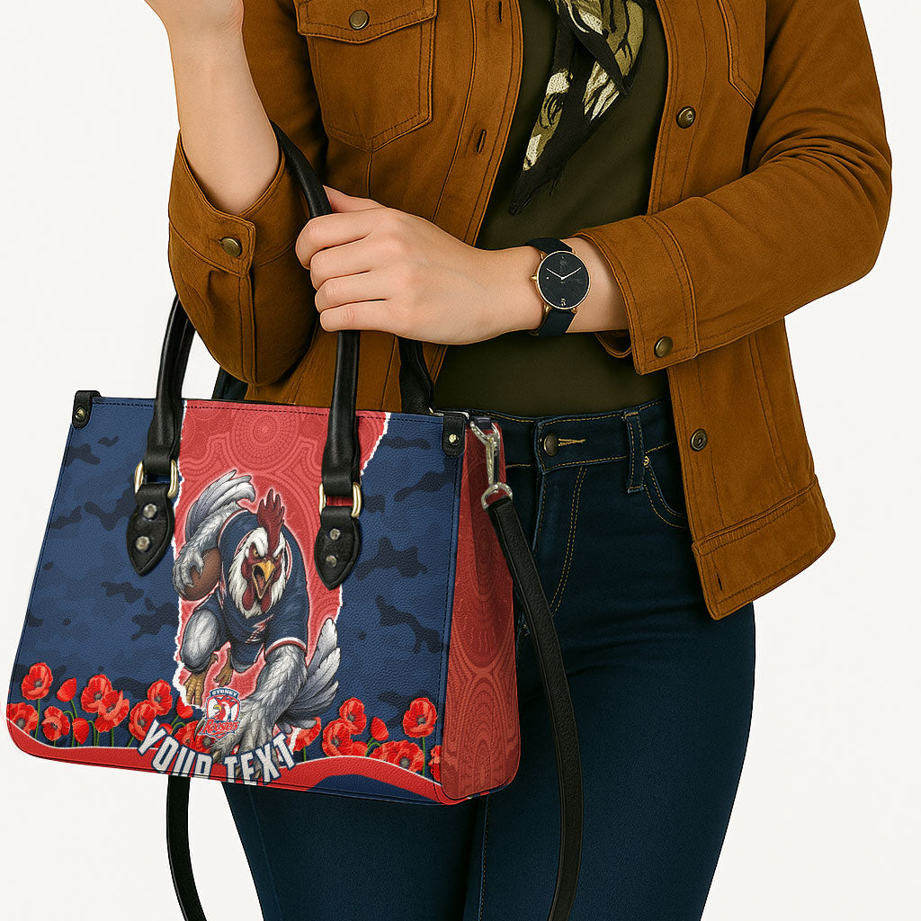 Personalized Sydney Roosters ANZAC Tribute Leather Bag Poppy Field Soldier Silhouette Aboriginal Rugby Mascot
