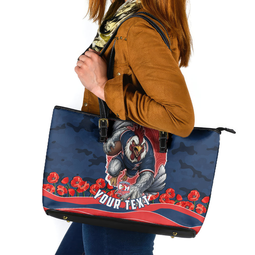 Personalized Sydney Roosters ANZAC Tribute Leather Tote Bag Poppy Field Soldier Silhouette Aboriginal Rugby Mascot
