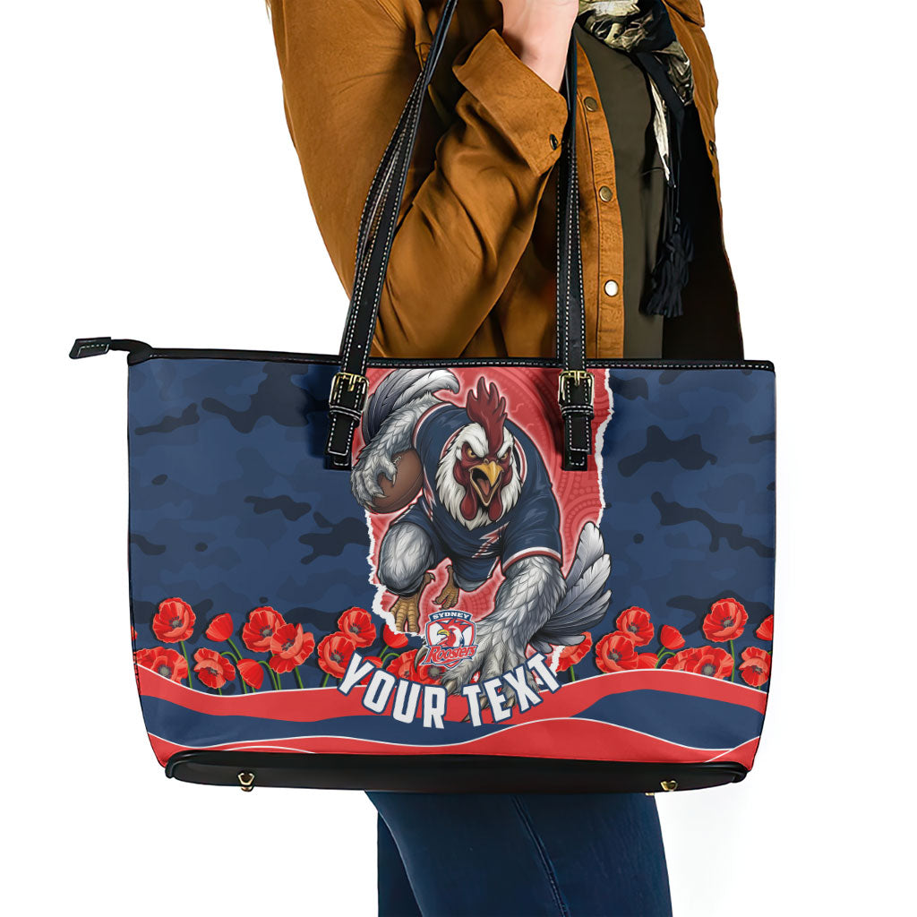 Personalized Sydney Roosters ANZAC Tribute Leather Tote Bag Poppy Field Soldier Silhouette Aboriginal Rugby Mascot