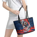 Personalized Sydney Roosters ANZAC Tribute Leather Tote Bag Poppy Field Soldier Silhouette Aboriginal Rugby Mascot