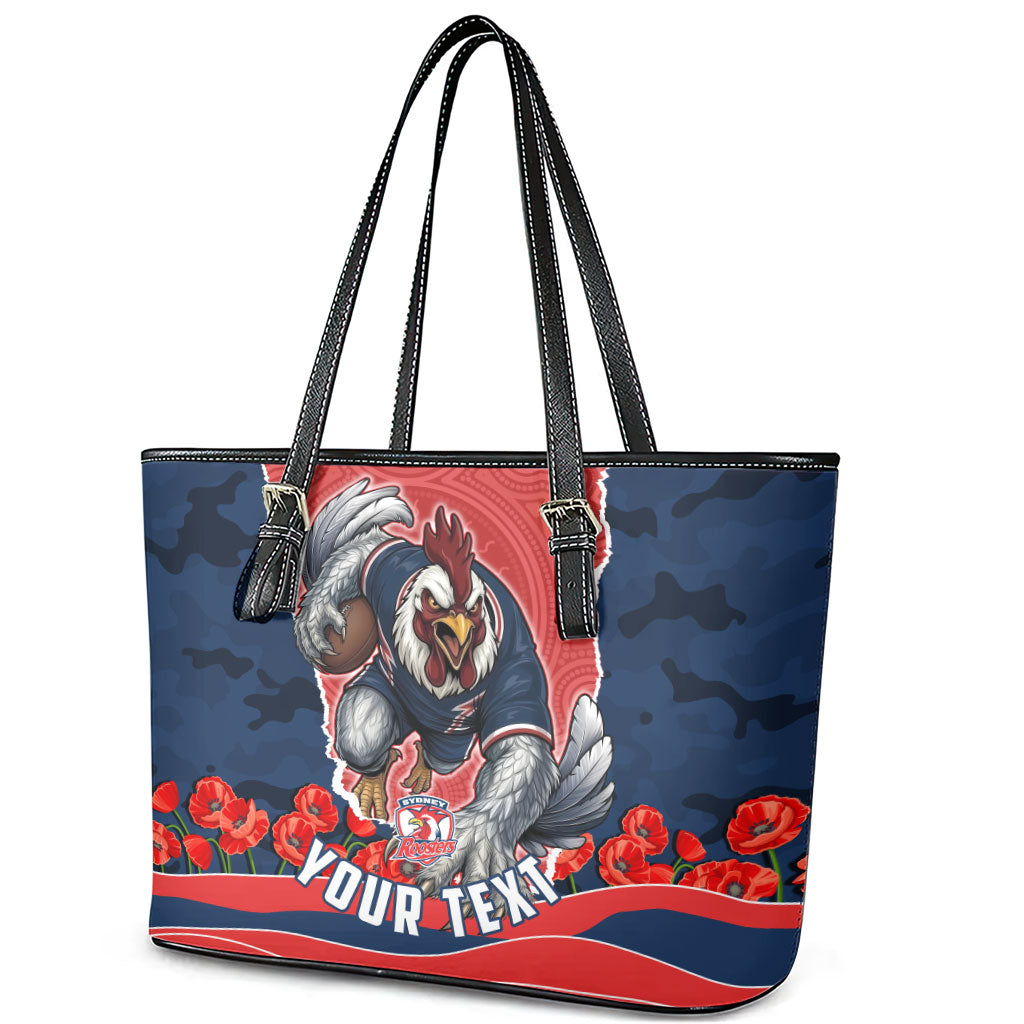 Personalized Sydney Roosters ANZAC Tribute Leather Tote Bag Poppy Field Soldier Silhouette Aboriginal Rugby Mascot