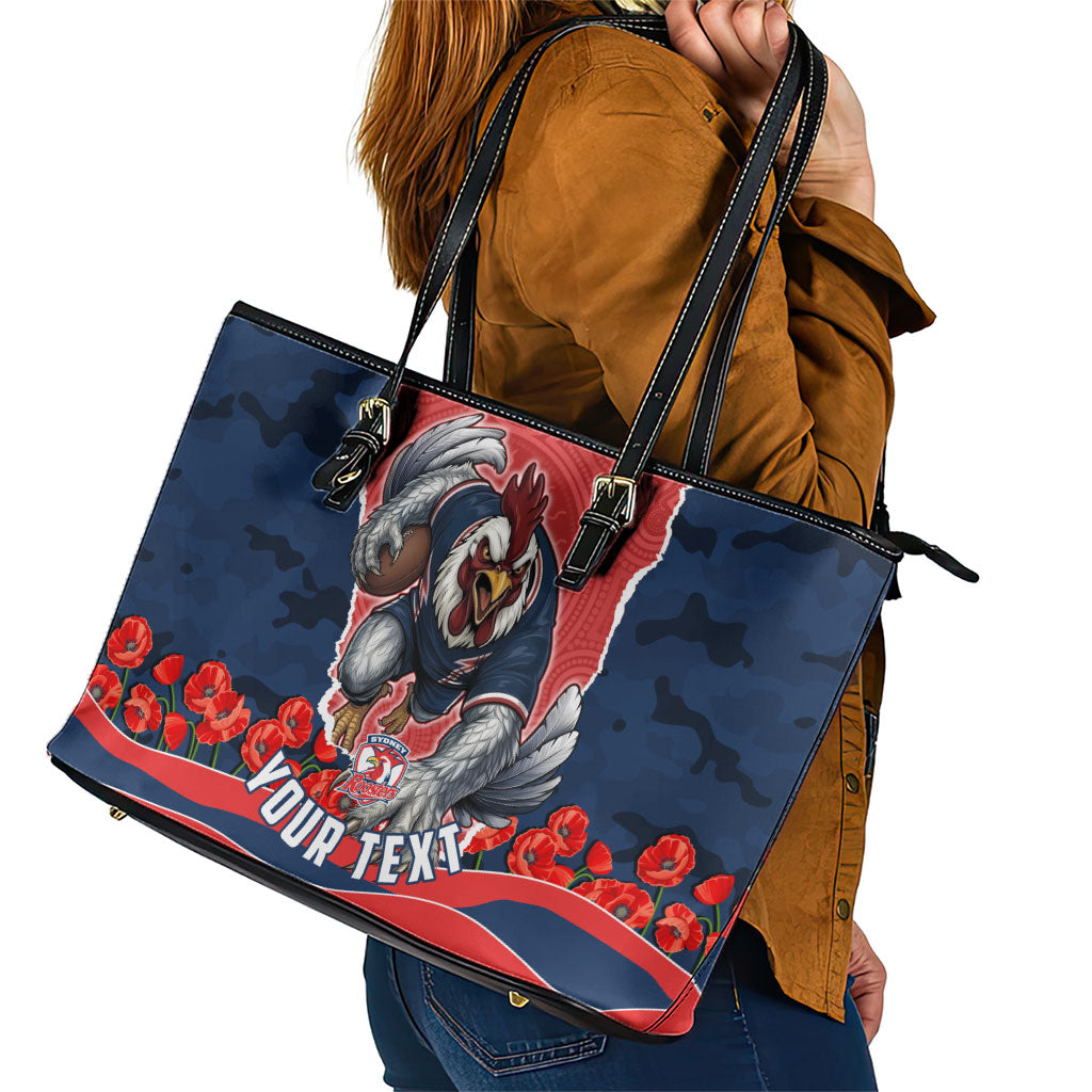 Personalized Sydney Roosters ANZAC Tribute Leather Tote Bag Poppy Field Soldier Silhouette Aboriginal Rugby Mascot