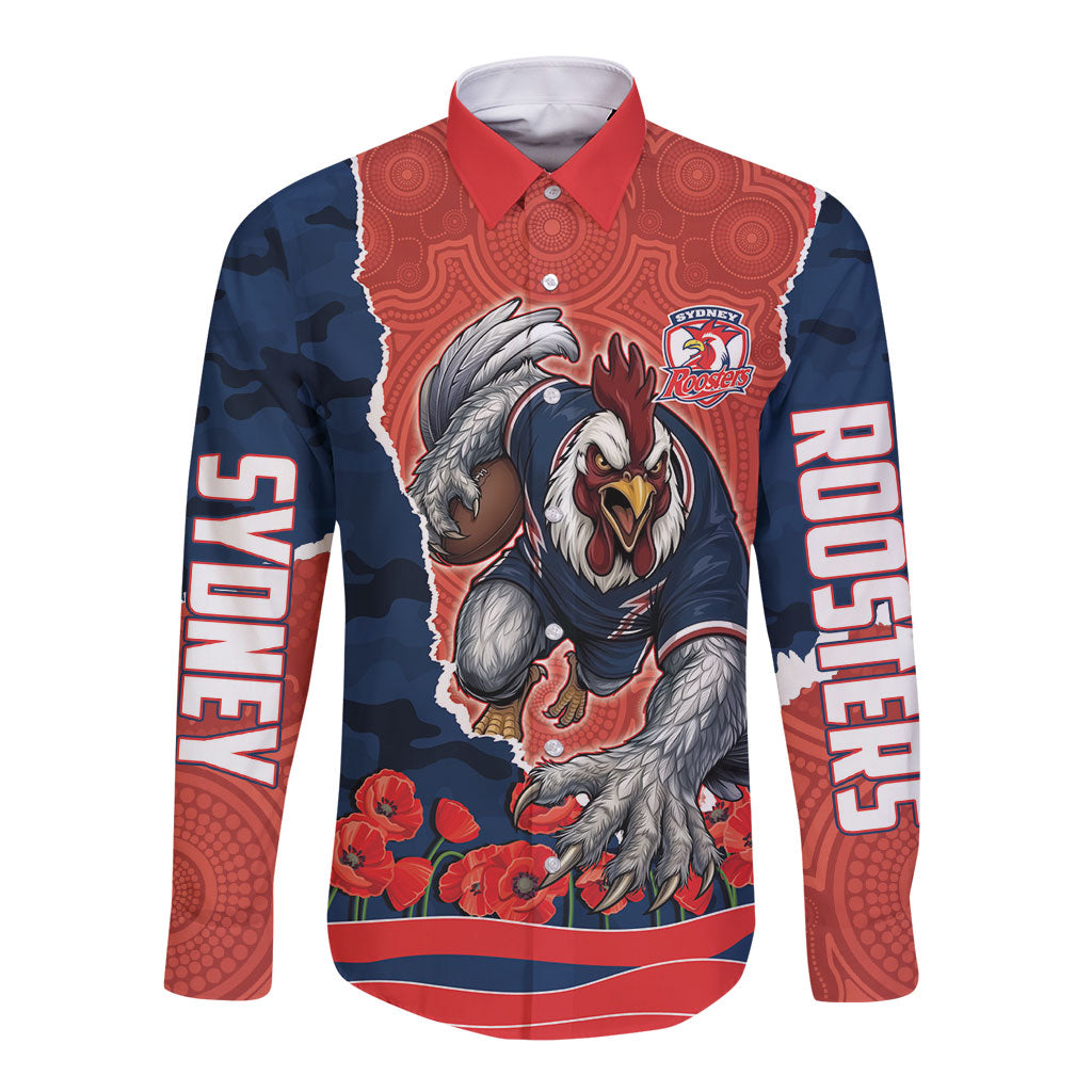 Personalized Sydney Roosters ANZAC Tribute Long Sleeve Button Shirt Poppy Field Soldier Silhouette Aboriginal Rugby Mascot
