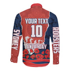 Personalized Sydney Roosters ANZAC Tribute Long Sleeve Button Shirt Poppy Field Soldier Silhouette Aboriginal Rugby Mascot