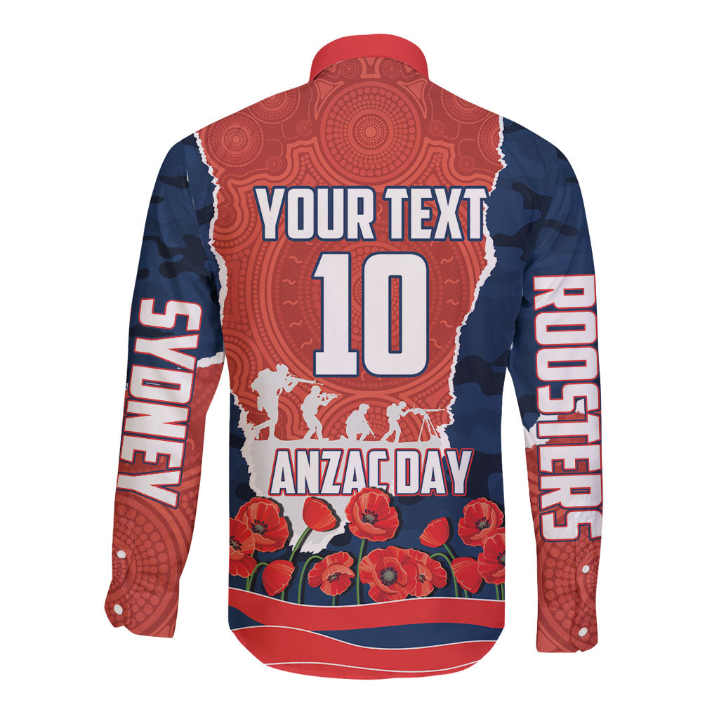 Personalized Sydney Roosters ANZAC Tribute Long Sleeve Button Shirt Poppy Field Soldier Silhouette Aboriginal Rugby Mascot