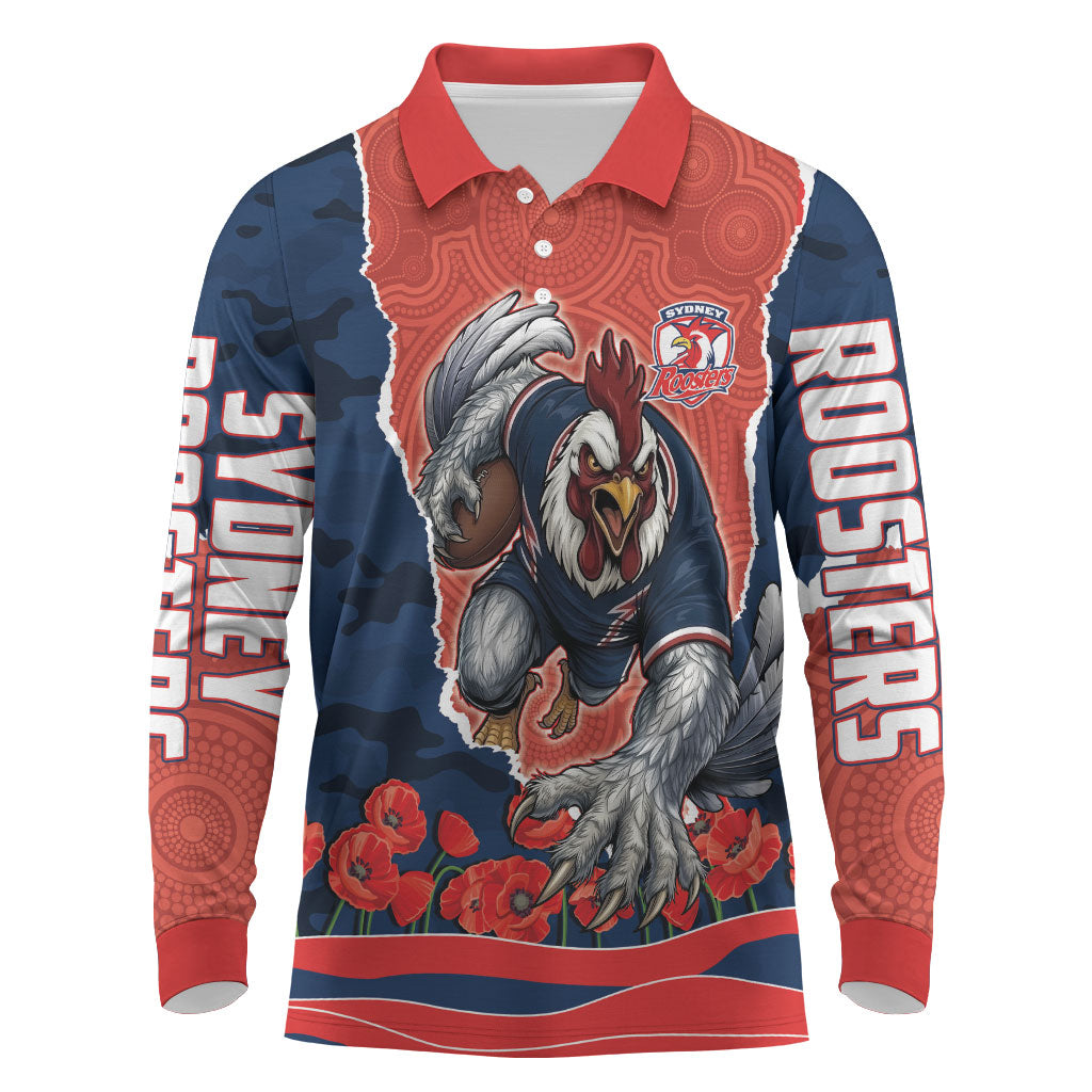 Personalized Sydney Roosters ANZAC Tribute Long Sleeve Polo Shirt Poppy Field Soldier Silhouette Aboriginal Rugby Mascot
