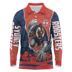 Personalized Sydney Roosters ANZAC Tribute Long Sleeve Polo Shirt Poppy Field Soldier Silhouette Aboriginal Rugby Mascot