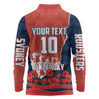 Personalized Sydney Roosters ANZAC Tribute Long Sleeve Polo Shirt Poppy Field Soldier Silhouette Aboriginal Rugby Mascot