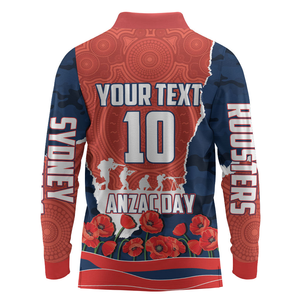 Personalized Sydney Roosters ANZAC Tribute Long Sleeve Polo Shirt Poppy Field Soldier Silhouette Aboriginal Rugby Mascot