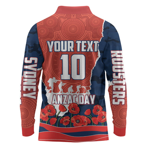 Personalized Sydney Roosters ANZAC Tribute Long Sleeve Polo Shirt Poppy Field Soldier Silhouette Aboriginal Rugby Mascot