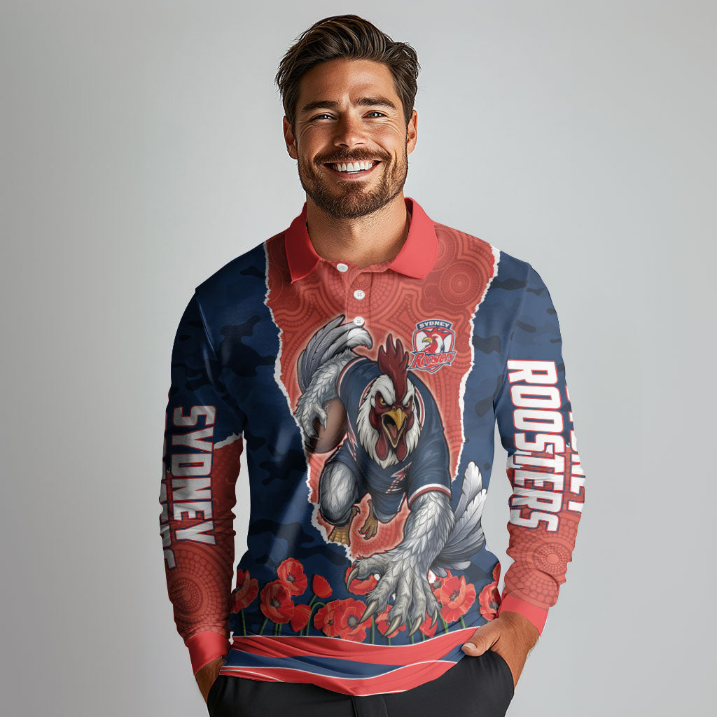 Personalized Sydney Roosters ANZAC Tribute Long Sleeve Polo Shirt Poppy Field Soldier Silhouette Aboriginal Rugby Mascot