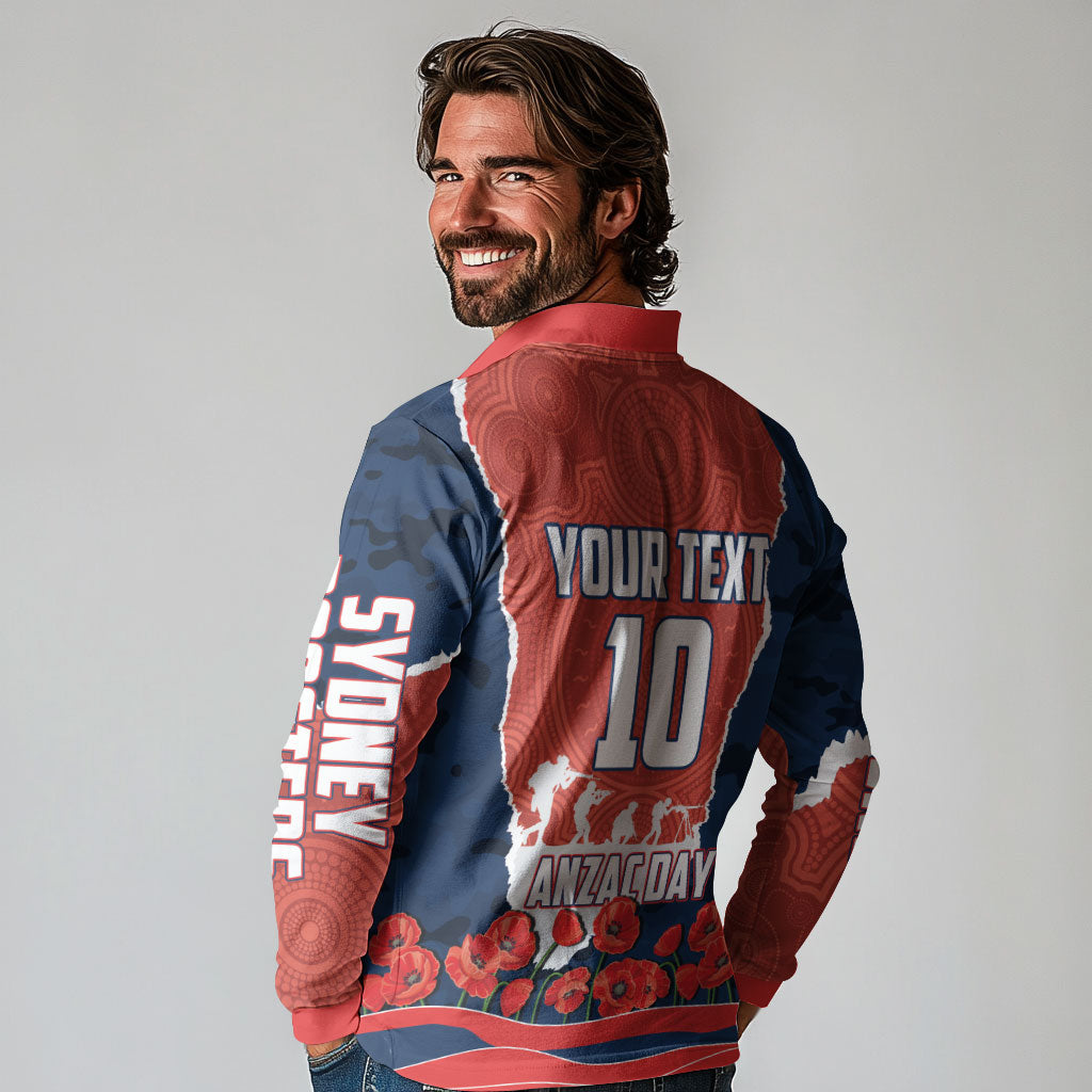 Personalized Sydney Roosters ANZAC Tribute Long Sleeve Polo Shirt Poppy Field Soldier Silhouette Aboriginal Rugby Mascot
