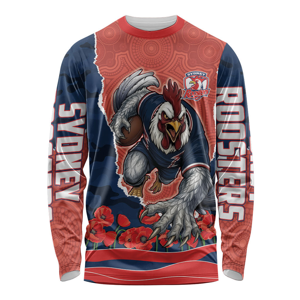 Personalized Sydney Roosters ANZAC Tribute Long Sleeve Shirt Poppy Field Soldier Silhouette Aboriginal Rugby Mascot