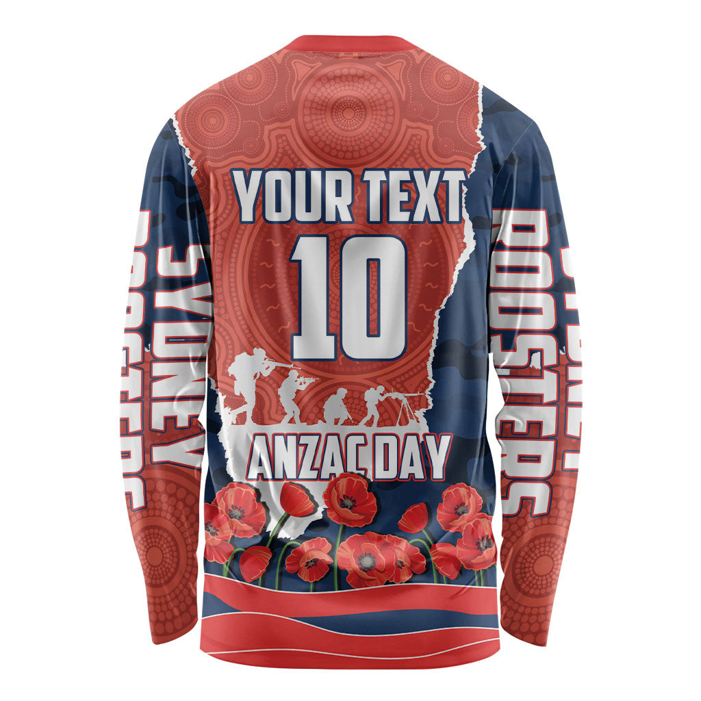 Personalized Sydney Roosters ANZAC Tribute Long Sleeve Shirt Poppy Field Soldier Silhouette Aboriginal Rugby Mascot