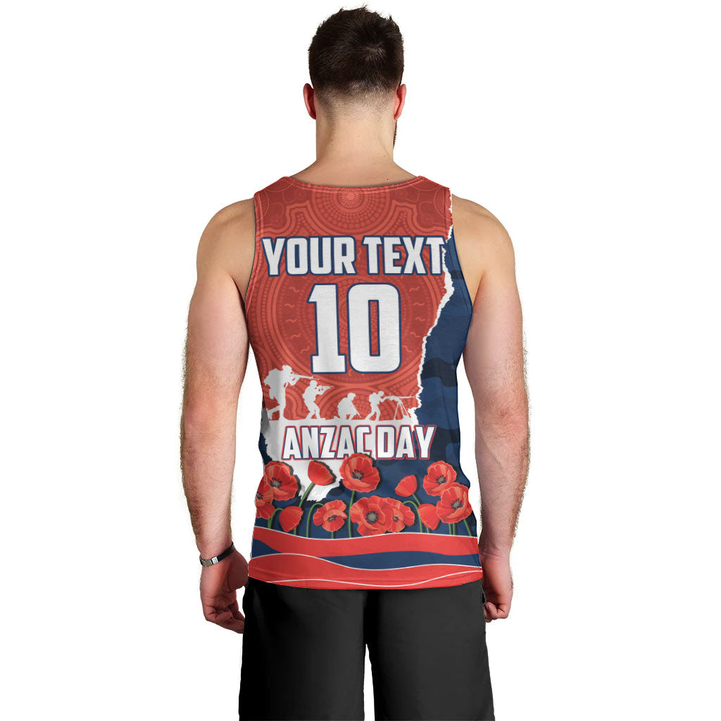 Personalized Sydney Roosters ANZAC Tribute Men Tank Top Poppy Field Soldier Silhouette Aboriginal Rugby Mascot