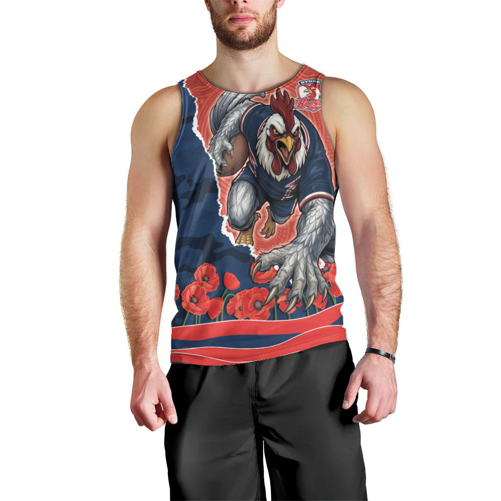 Personalized Sydney Roosters ANZAC Tribute Men Tank Top Poppy Field Soldier Silhouette Aboriginal Rugby Mascot