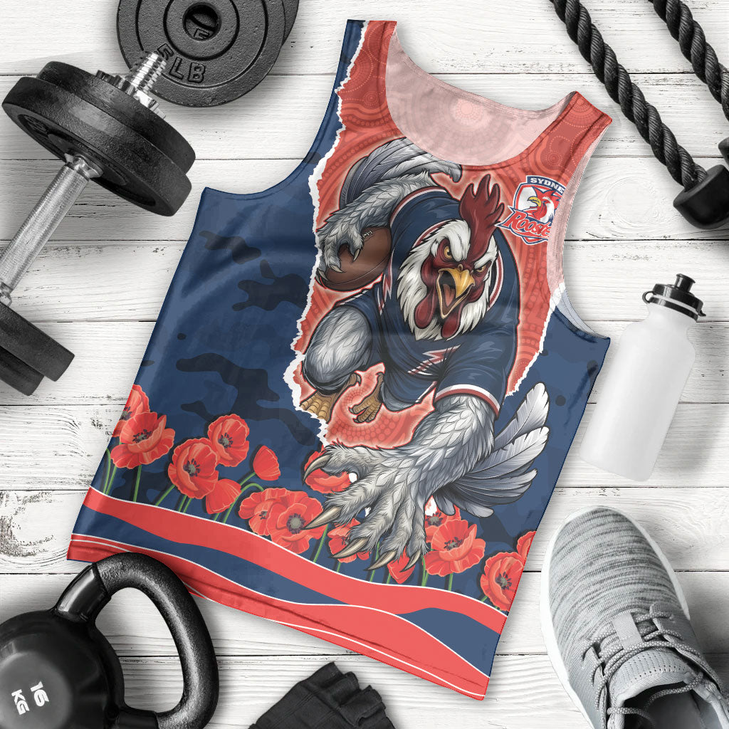 Personalized Sydney Roosters ANZAC Tribute Men Tank Top Poppy Field Soldier Silhouette Aboriginal Rugby Mascot