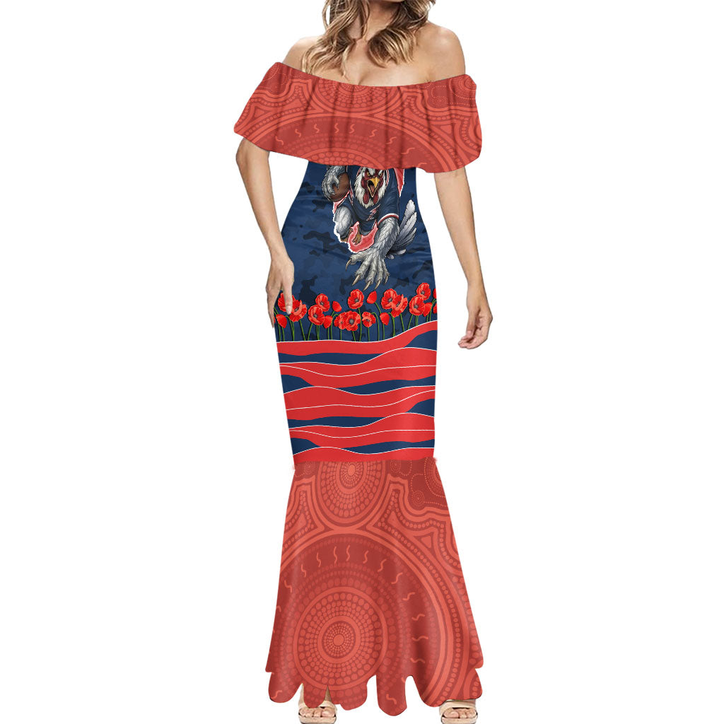 Personalized Sydney Roosters ANZAC Tribute Mermaid Dress Poppy Field Soldier Silhouette Aboriginal Rugby Mascot