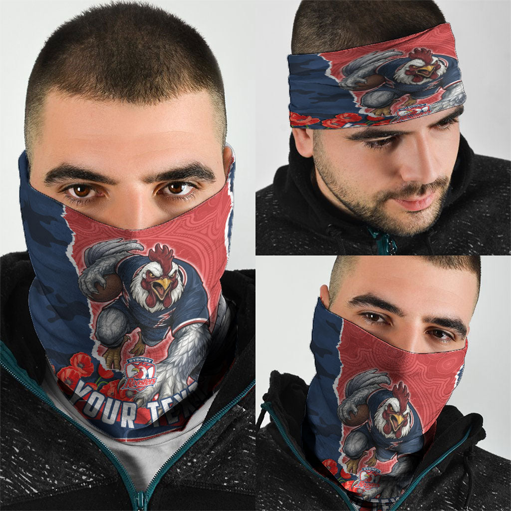 Personalized Sydney Roosters ANZAC Tribute Neck Gaiter Poppy Field Soldier Silhouette Aboriginal Rugby Mascot