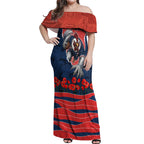 Personalized Sydney Roosters ANZAC Tribute Off Shoulder Maxi Dress Poppy Field Soldier Silhouette Aboriginal Rugby Mascot