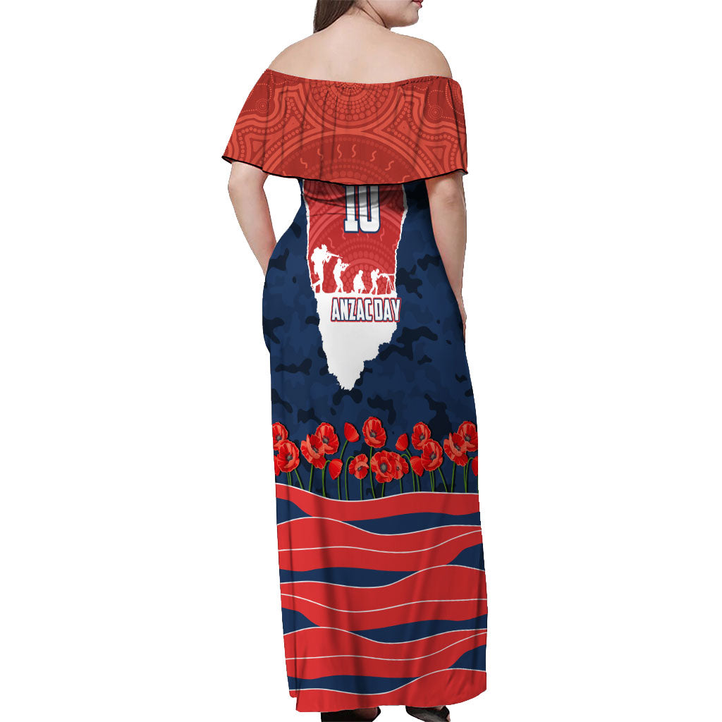 Personalized Sydney Roosters ANZAC Tribute Off Shoulder Maxi Dress Poppy Field Soldier Silhouette Aboriginal Rugby Mascot