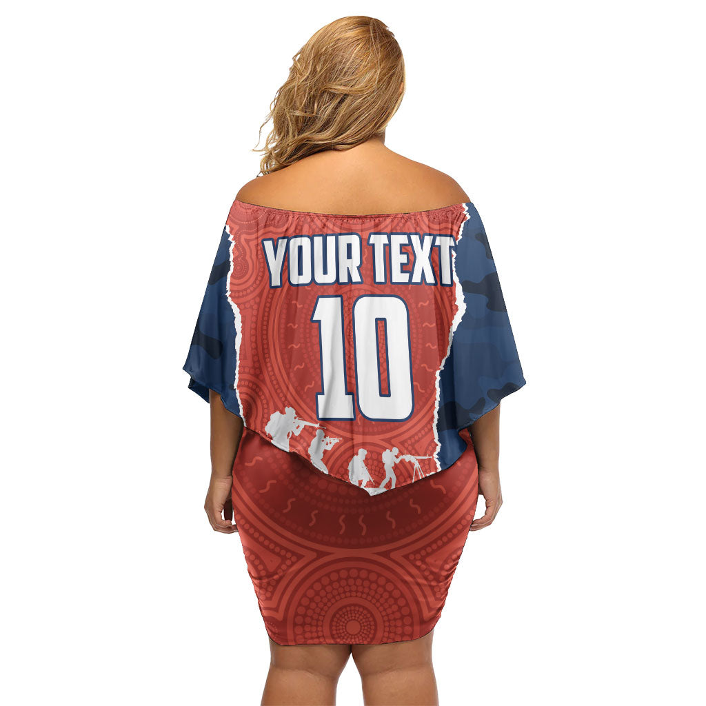 Personalized Sydney Roosters ANZAC Tribute Off Shoulder Short Dress Poppy Field Soldier Silhouette Aboriginal Rugby Mascot