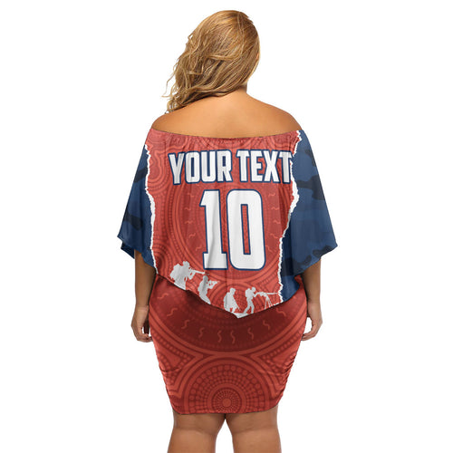 Personalized Sydney Roosters ANZAC Tribute Off Shoulder Short Dress Poppy Field Soldier Silhouette Aboriginal Rugby Mascot