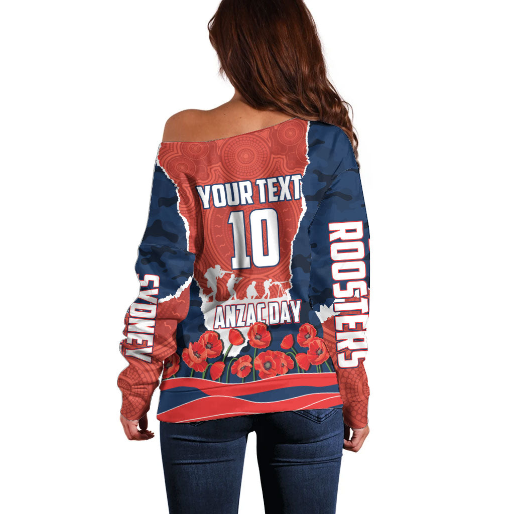 Personalized Sydney Roosters ANZAC Tribute Off Shoulder Sweater Poppy Field Soldier Silhouette Aboriginal Rugby Mascot