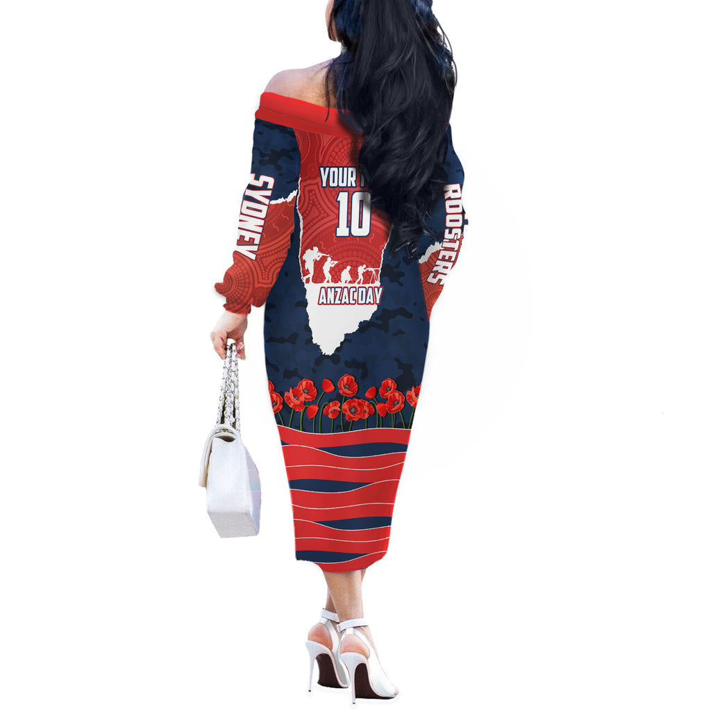 Personalized Sydney Roosters ANZAC Tribute Off The Shoulder Long Sleeve Dress Poppy Field Soldier Silhouette Aboriginal Rugby Mascot