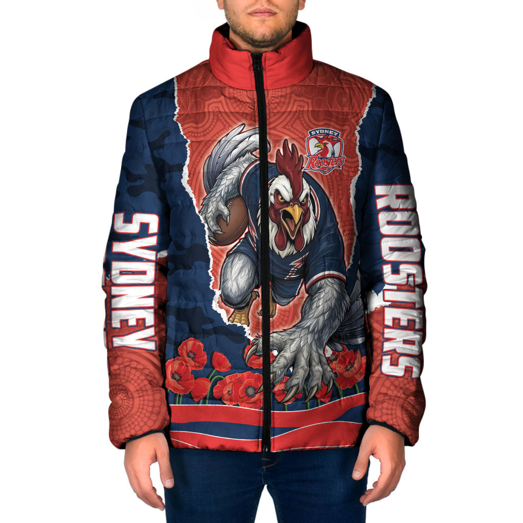 Personalized Sydney Roosters ANZAC Tribute Padded Jacket Poppy Field Soldier Silhouette Aboriginal Rugby Mascot