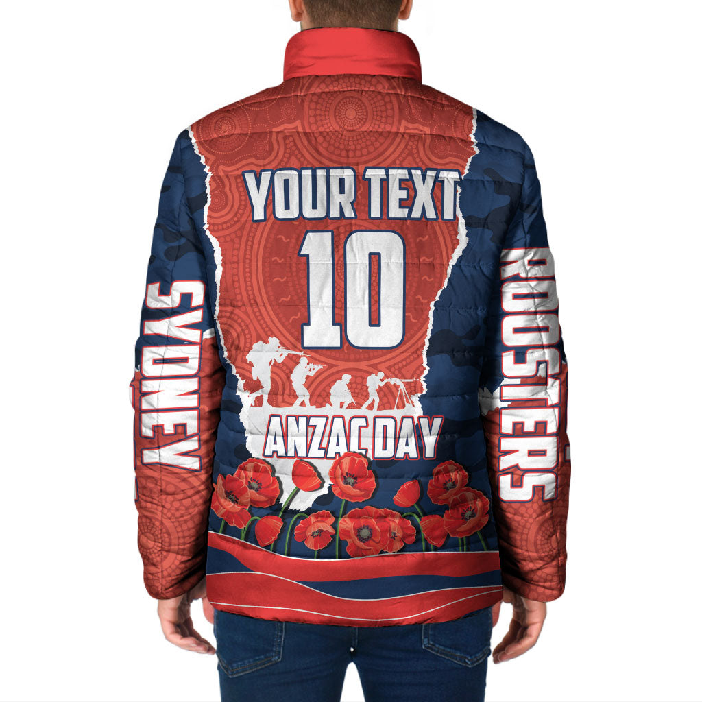 Personalized Sydney Roosters ANZAC Tribute Padded Jacket Poppy Field Soldier Silhouette Aboriginal Rugby Mascot