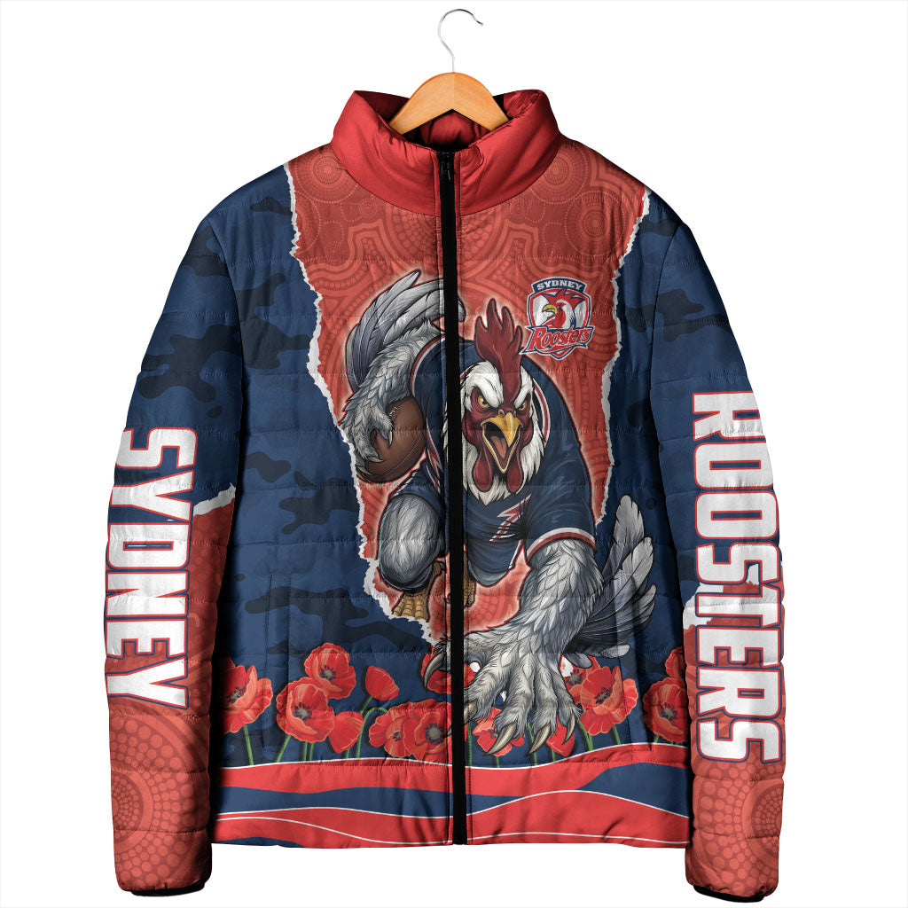 Personalized Sydney Roosters ANZAC Tribute Padded Jacket Poppy Field Soldier Silhouette Aboriginal Rugby Mascot