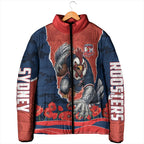 Personalized Sydney Roosters ANZAC Tribute Padded Jacket Poppy Field Soldier Silhouette Aboriginal Rugby Mascot