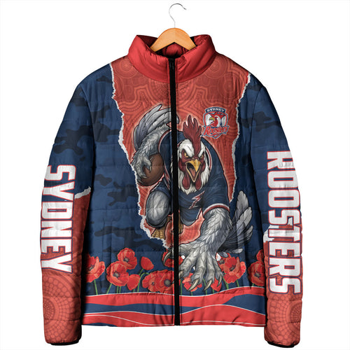 Personalized Sydney Roosters ANZAC Tribute Padded Jacket Poppy Field Soldier Silhouette Aboriginal Rugby Mascot